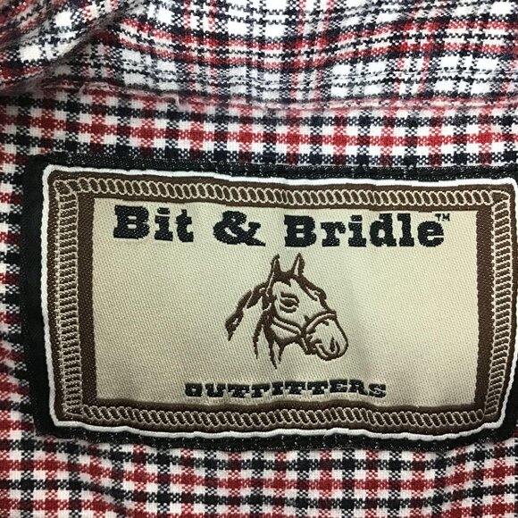 Bit & Bridle Mens XL Plaid Casual Button Down Shirt Short Sleeve Collar Red Blue - Picture 7 of 11